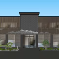 Modern Chinese Style Facade Entrance With Night Scene Lighting Grilles Glass Door And Green Plants