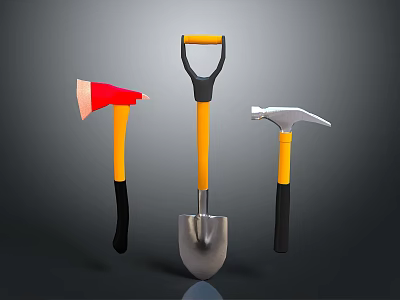 Hand Tools Axe Shovel Hammer With Yellow Black Handles Metal Heads On Gray Background 3d model
