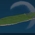 Cartoon Night Scene With Crescent Moon Island Green Vegetation And Water Reflection