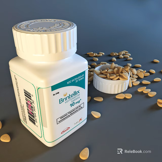 White Medical Device Pill Bottle Brintellix 10mg With Scattered Tablets And Container 3d model 