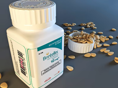 White Medical Device Pill Bottle Brintellix 10mg With Scattered Tablets And Container 3d model