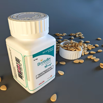 White Medical Device Pill Bottle Brintellix 10mg With Scattered Tablets And Container 3d model