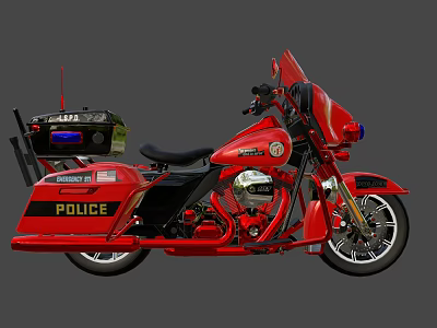 Red Police Motorcycle With Emergency Lights Storage Compartments And POLICE Markings 3d model