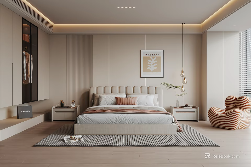 Modern Bedroom Interior Design With Upholstered Bed Nightstands Decorative Painting And Paneled Walls 3d model 