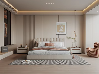 Modern Bedroom Interior Design With Upholstered Bed Nightstands Decorative Painting And Paneled Walls 3d model