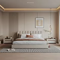 Modern Bedroom Interior Design With Upholstered Bed Nightstands Decorative Painting And Paneled Walls