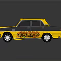 Vintage Yellow Taxi with Colorful Graphics and Striped Design on Dark Background