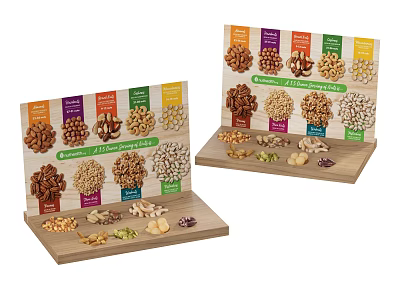Ceramic Ware Display With Assorted Nuts On Wooden Stand And Trays 3d model