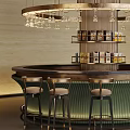Luxury Sales Office Interior With Circular Bar Counter Hanging Chandelier And Stylish Bar Stools