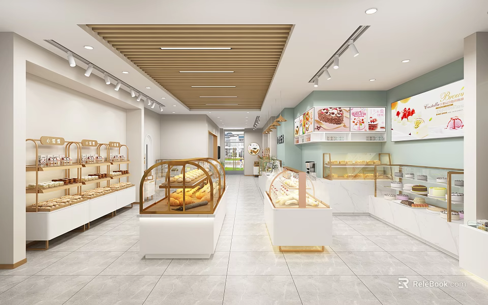 Bright Pastry Shop Interior With Display Cases And Wall Posters 3d model 