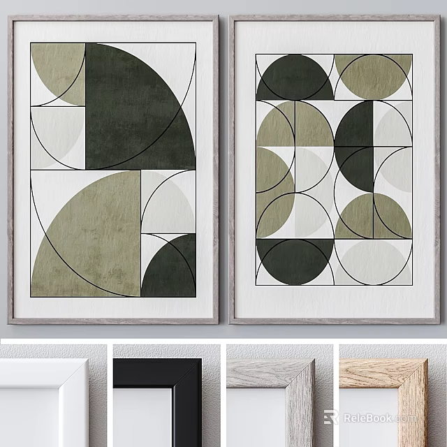 Abstract Paintings Geometric Shapes Circles Semicircles Dark Green White Black Lines Framed Living Room Decor 3d model 