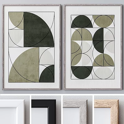 Abstract Paintings Geometric Shapes Circles Semicircles Dark Green White Black Lines Framed Living Room Decor 3d model