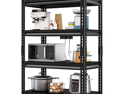Multi Tiered Kitchen Shelf With Coffee Machine Microwave Pot Blender Cutting Board And Jars 3d model