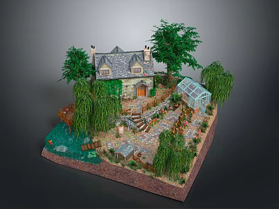 Scenic Miniature Cottage Garden Landscape With Willow Trees Pond And Greenhouse 3d model