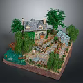 Scenic Miniature Cottage Garden Landscape With Willow Trees Pond And Greenhouse