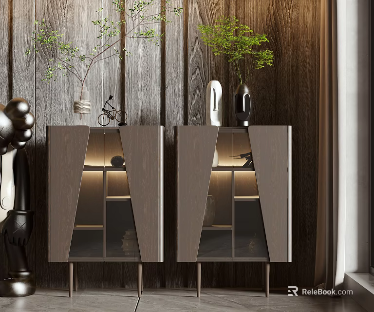 Modern Entryway Cabinet And Side Cabinet Design With Glass Doors LED Lighting And Green Plants 3d model 