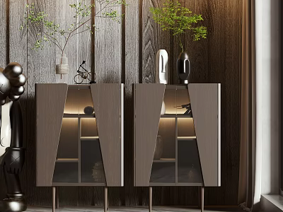 Modern Entryway Cabinet And Side Cabinet Design With Glass Doors LED Lighting And Green Plants 3d model