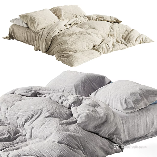Cozy Soft Double Bed Bedding With Beige Comforter And Gray Pillows 3d model 