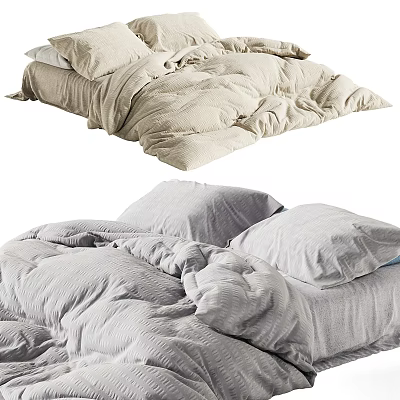 Cozy Soft Double Bed Bedding With Beige Comforter And Gray Pillows 3d model
