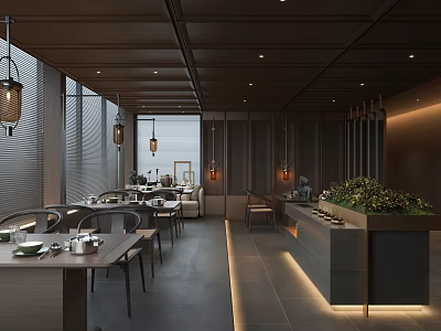 Modern Hotpot Restaurant Interior Design With Wooden Elements Hanging Lanterns And Green Plants 3d model