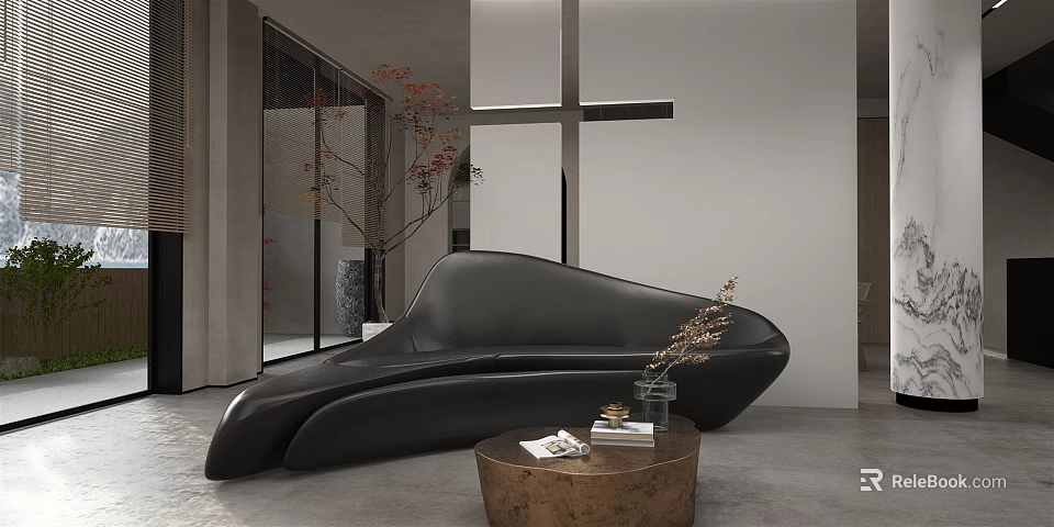 Black Sectional Sofa In Modern Interior With Sleek Design Wooden Coffee Table And Dried Plants 3d model 