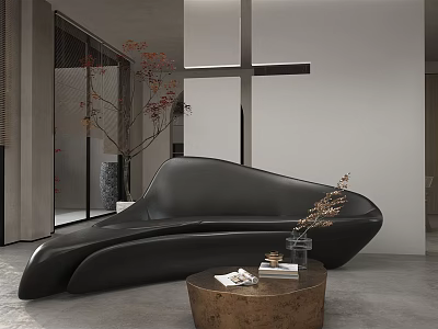 Black Sectional Sofa In Modern Interior With Sleek Design Wooden Coffee Table And Dried Plants 3d model