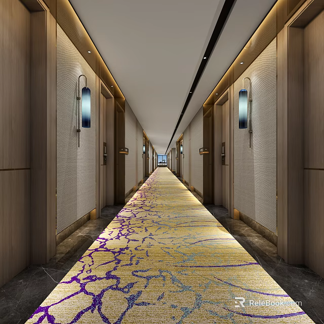 Hotel Corridor Interior With Wooden Walls Wall Lamps And Patterned Carpet 3d model 