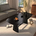 Sleek Black Coffee Table On Light Colored Rug With Fruit Bowl Open Book And Decorative Plant
