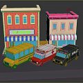 Cartoon Town Scene Featuring Colorful Market Pink Building Yellow School Bus Ambulance SWAT Police Car