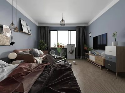 Modern Apartment Interior With Open Space Gray Walls Brown Sofa TV Window And Plants 3d model