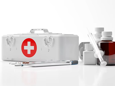 Essential Medical Equipment Set With First Aid Kit Red Cross Medicine Bottles And Syringes 3d model