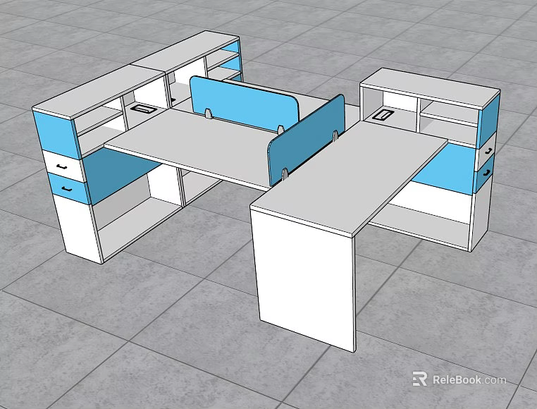 Modular Office Desk With Blue Dividers And Multiple Workstations Setup 3d model 
