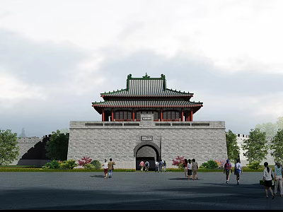 Ancient City Gate Tower With Traditional Green Tiled Roof Red Pillars And Arched Gateway 3d model