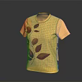Stylish Yellow Waffle Knit Short Sleeve T shirt with Red Leaf Pattern