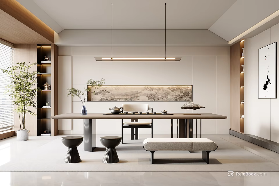 Modern Tea Room Interior Design With Long Table Tea Sets Green Plants And Decorative Painting 3d model 