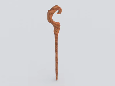 Handmade Solid Wooden Cane Featuring Curved Handle And Natural Wood Grain 3d model