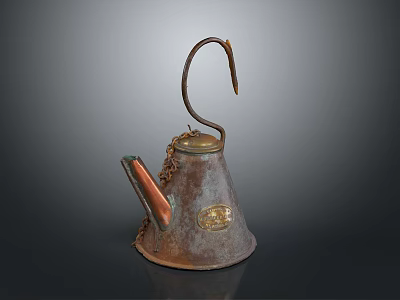 Vintage Metal Kettle With Hook Chain Copper Spout Rustic Finish Round Base 3d model