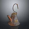 Vintage Metal Kettle With Hook Chain Copper Spout Rustic Finish Round Base 3d model