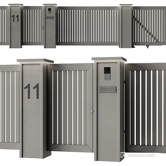 Modern Metal Gate Components Featuring Slatted Design Number 11 And Mailbox 3d model
