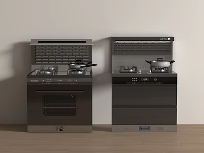Two Black Integrated Stoves Placed Side By Side On Light Colored Floor Against White Wall 3d model