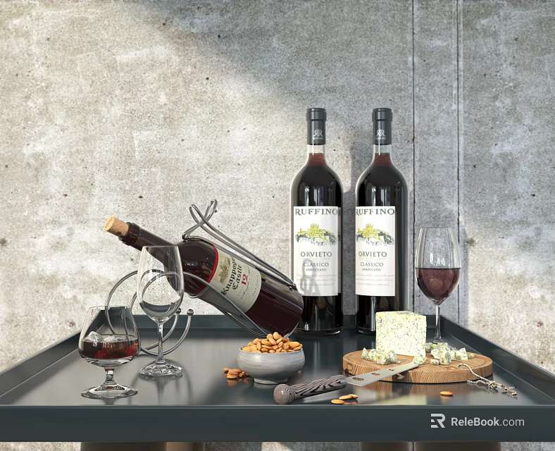 Wine Bottles and Glasses on Tray with Cheese Nuts Knife and Wine Rack 3d model 