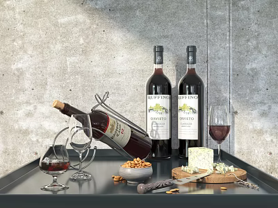 Wine Bottles and Glasses on Tray with Cheese Nuts Knife and Wine Rack 3d model