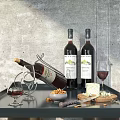 Wine Bottles and Glasses on Tray with Cheese Nuts Knife and Wine Rack