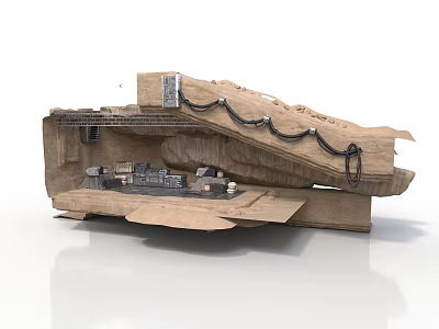 Industrial Wooden Structure Model With Mechanical Components And Cables 3d model