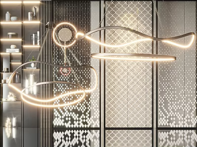 Modern Curved Ring Chandelier With LED Lighting And Perforated Screen Backdrop Design 3d model