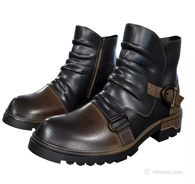 Leather Boots With Black Brown Design Zippers Straps Buckles And Thick Soles 3d model 