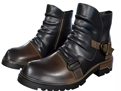 Leather Boots With Black Brown Design Zippers Straps Buckles And Thick Soles 3d model