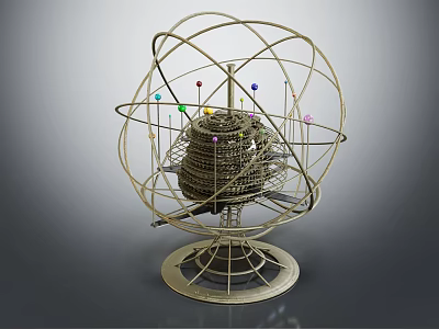 Luxurious Gold Metal Spherical Decorative Ornament Set with Intricate Spiral Structure and Colorful Accents 3d model