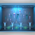 Elegant Blue Window Display Featuring Various Jellyfish Marine Decorations and Soft Lighting 3d model
