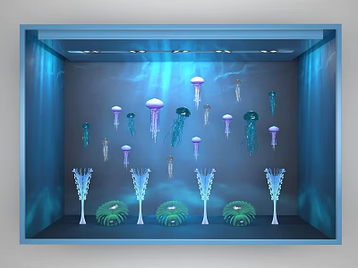 Elegant Blue Window Display Featuring Various Jellyfish Marine Decorations and Soft Lighting 3d model
